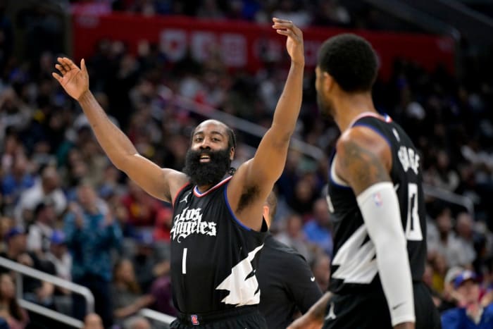 Los Angeles Clippers guard James Harden (1) waves to the crowd after a basket in the second half against the Detroit Pistons at Crypto.com Arena in Los Angeles on Feb. 10, 2024.